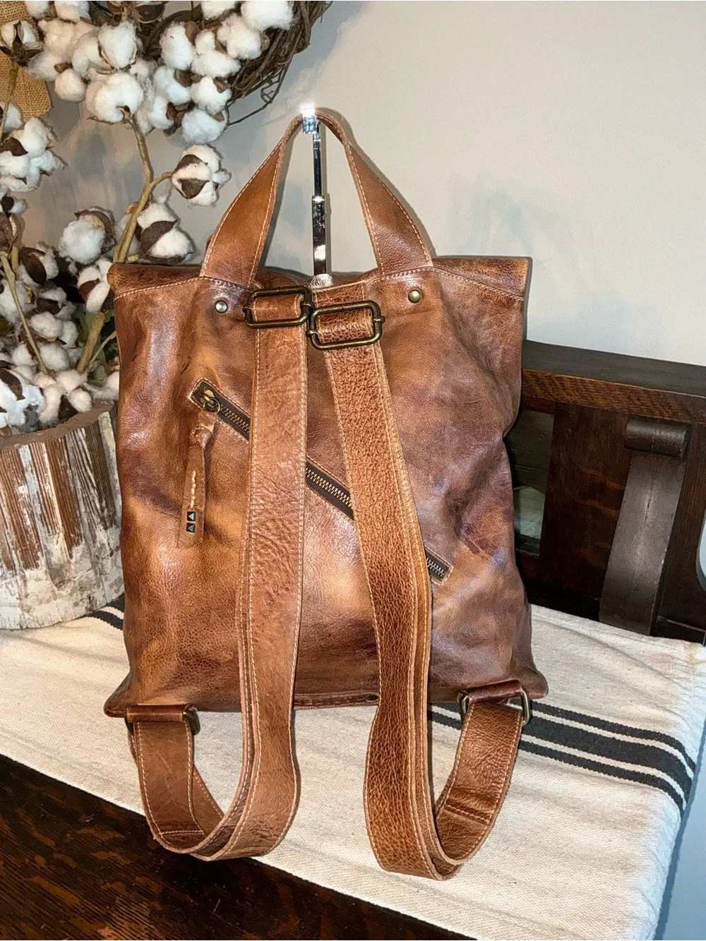 Bed Stu Leather Unisex Howie Flapover Leather Backpack Tan Rustic Retail $365
